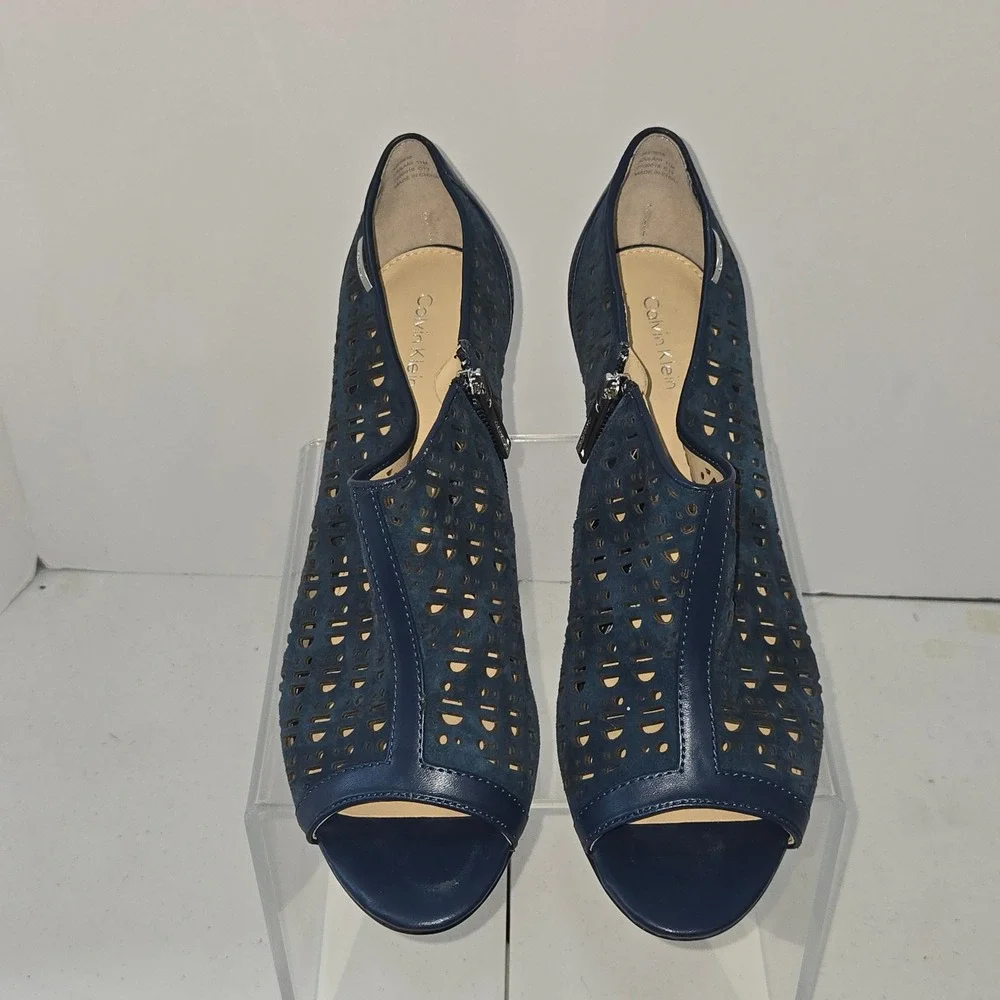 Calvin Klein Kailani Navy Blue Laser Cut Peep Toe Heeled Bootie Pump 11M 34E0936